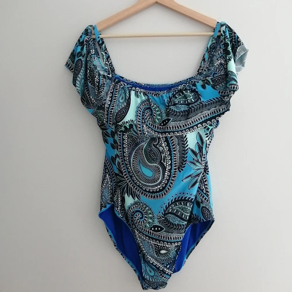 Jantzen Aqua Plus Size Reef Blue Paisley Ruffle One Piece Swim Bathing Suit 14 - Picture 2 of 16